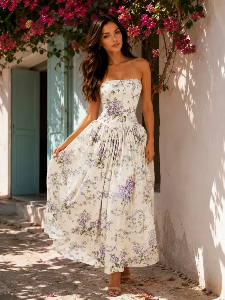 Comparație de mobilitate pentru ținuta de botez, rochie lungă florală cu corset fără bretele